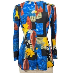 Vintage handmade silk (?), abstract all-over print, tailored blouse. Medium.